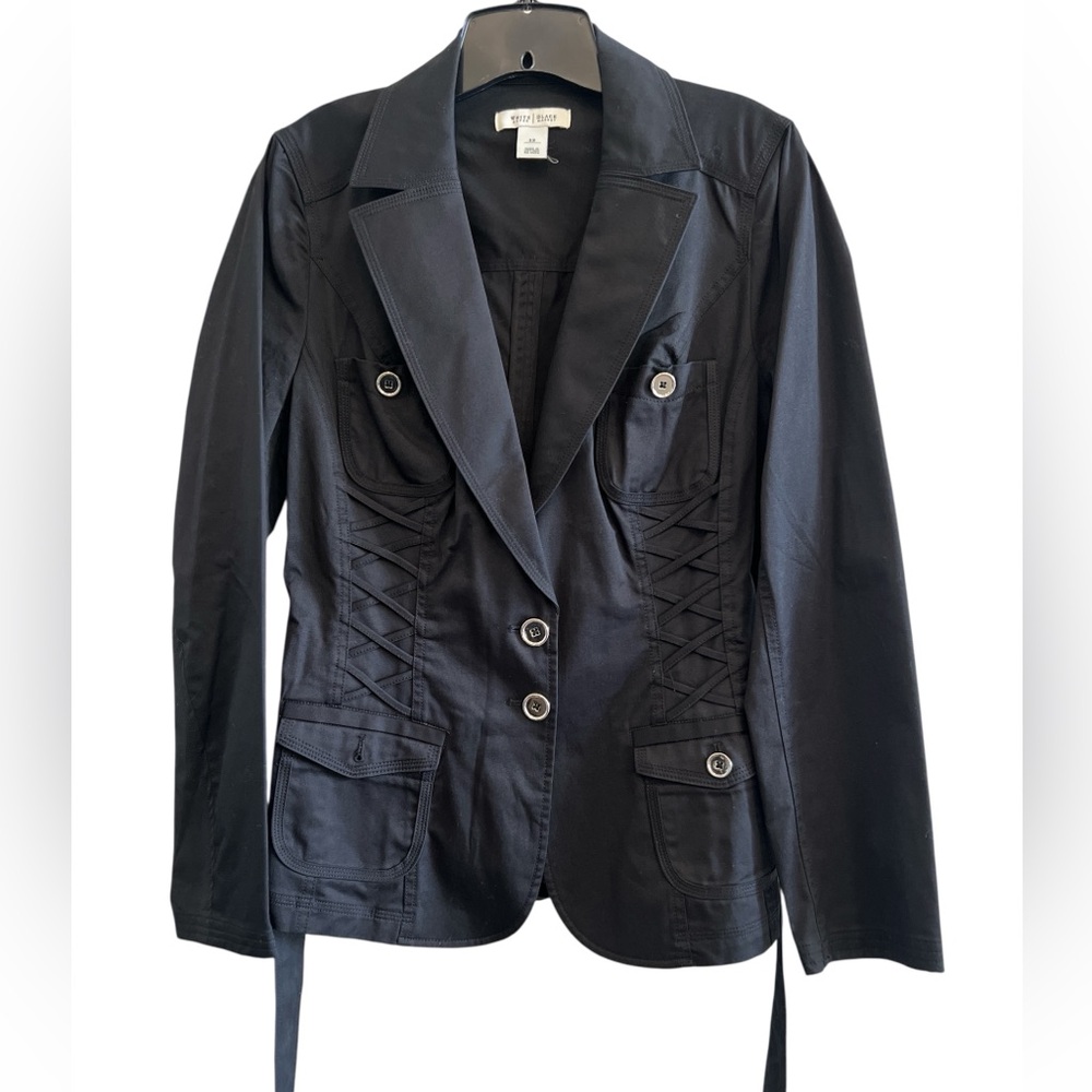 98% Cotton White House Black Market Black Belted Jacket Size 12
